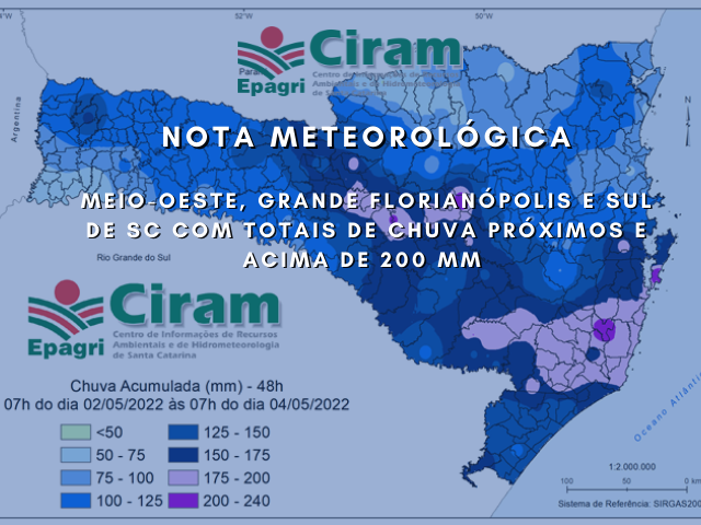 Read more about the article Meio-Oeste, Grande Florianópolis e Sul de SC com totais de chuva próximos e acima de 200 mm