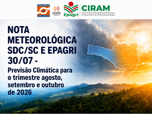 Leia mais sobre o artigo NOTA METEOROLÓGICA SDC/SC E EPAGRI 30/07 – Previsão Climática para o trimestre agosto, setembro e outubro de 2026